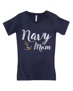 Navy Anchor Ladies Mom Script V-Neck T-Shirt