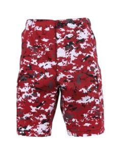Red Digital Camo, Button Fly, 6 Pockets, Durable Cotton - Camo Shorts