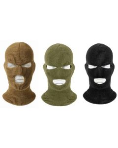 Three 3-hole balaclava ski masks on dummy heads